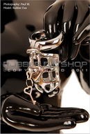 Rubber Eva in Small Lockable Cock and Ball Steel Chastity Cage gallery from RUBBEREVA by Paul W