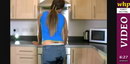 Natalia pees her jeans in the kitchen